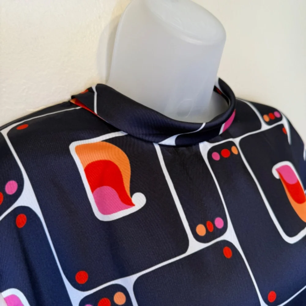 Zara | Retro Geo High Collar Mock Neck Long Sleeve Printed Charmeuse Blouse - Picture 8 of 16